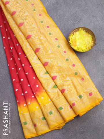 Bandhani saree red and mango yellow with allover bandhani prints and banarasi style border