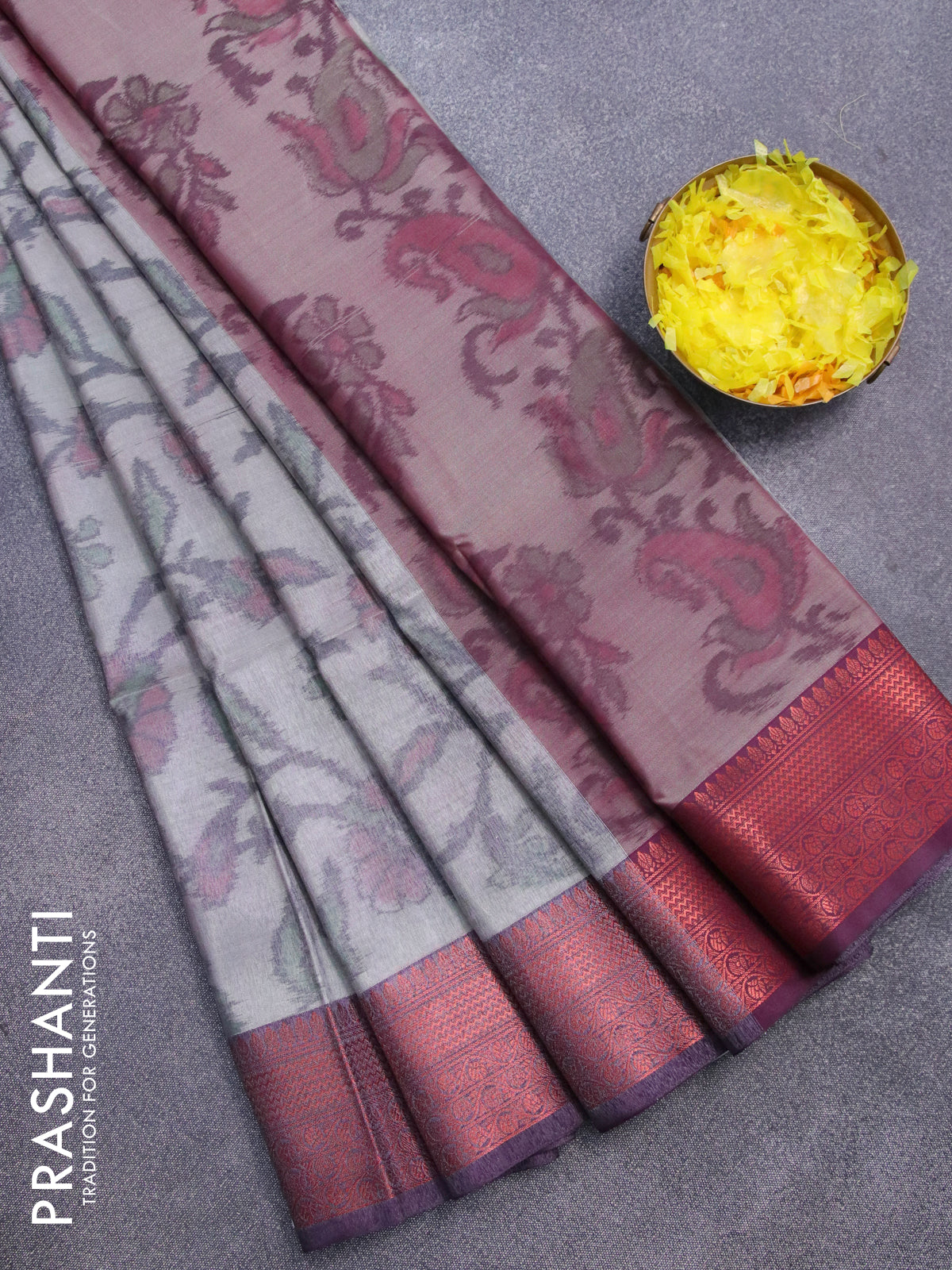 Banarasi semi tussar saree grey and wine shade with allover ikat weaves and copper zari woven border