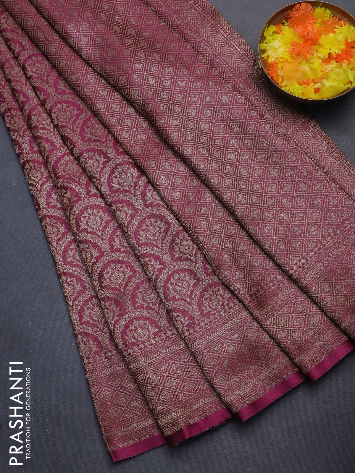 Banarasi semi crepe saree wine shade with allover thread & zari woven brocade weaves and woven border