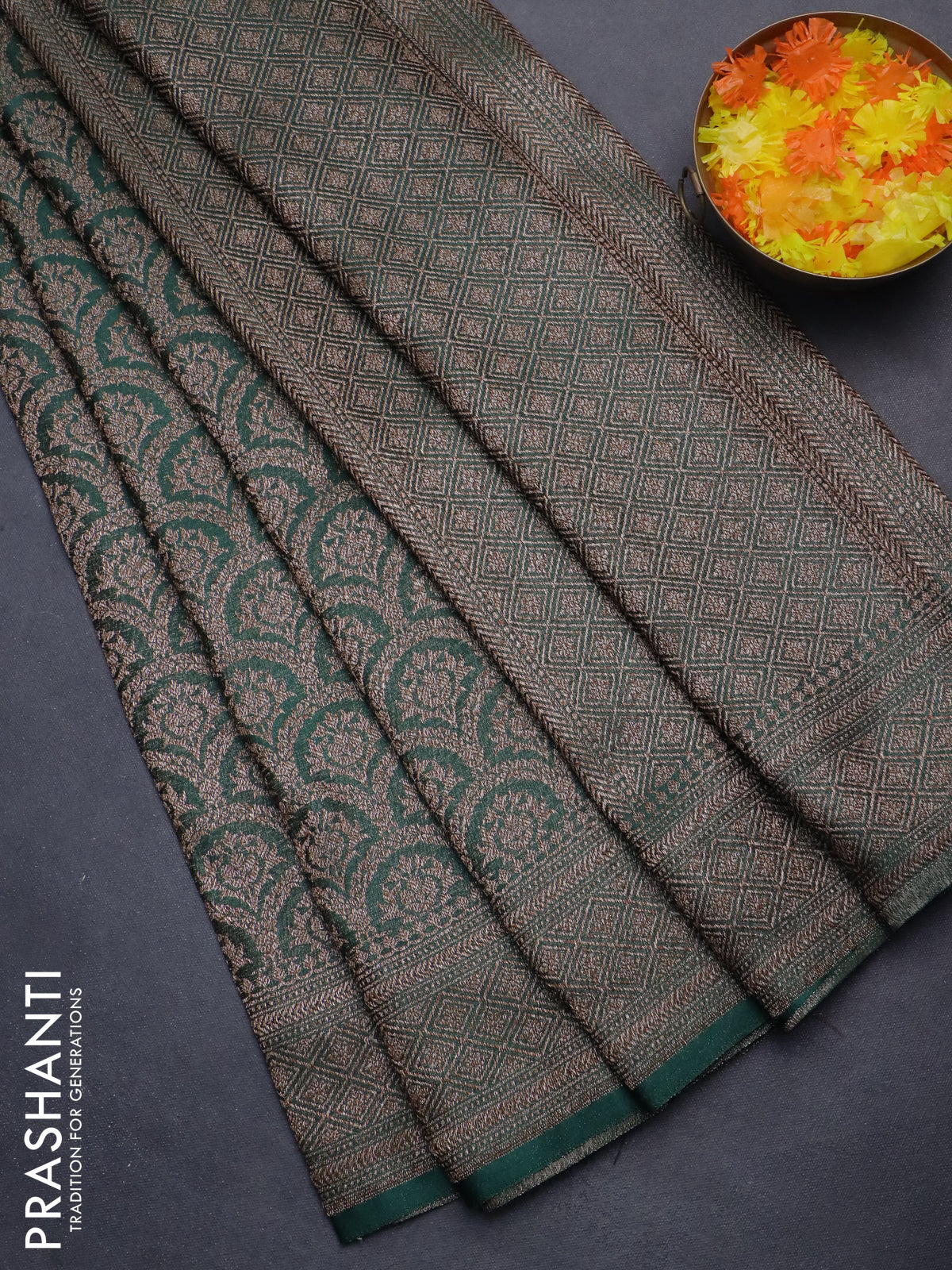 Banarasi semi crepe saree dark green with allover thread & zari woven brocade weaves and woven border