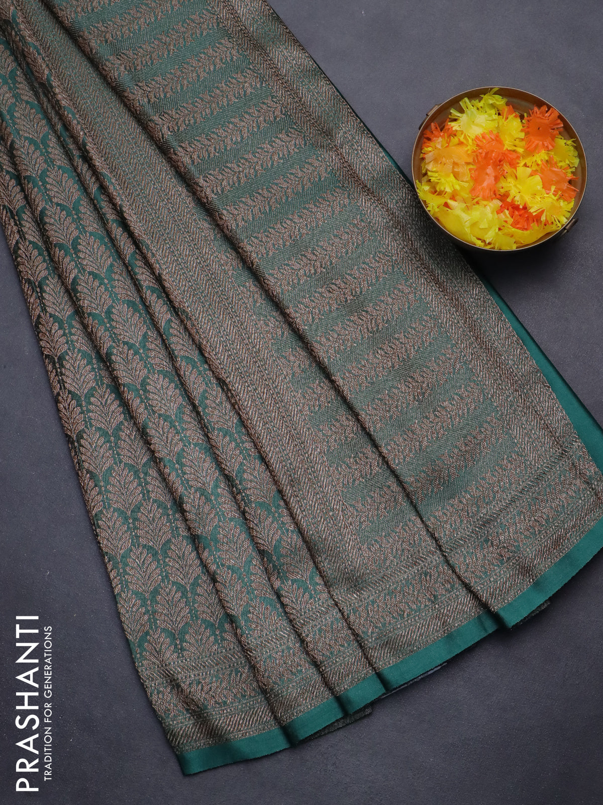 Banarasi semi crepe saree teal green with allover thread & zari woven brocade weaves and woven border