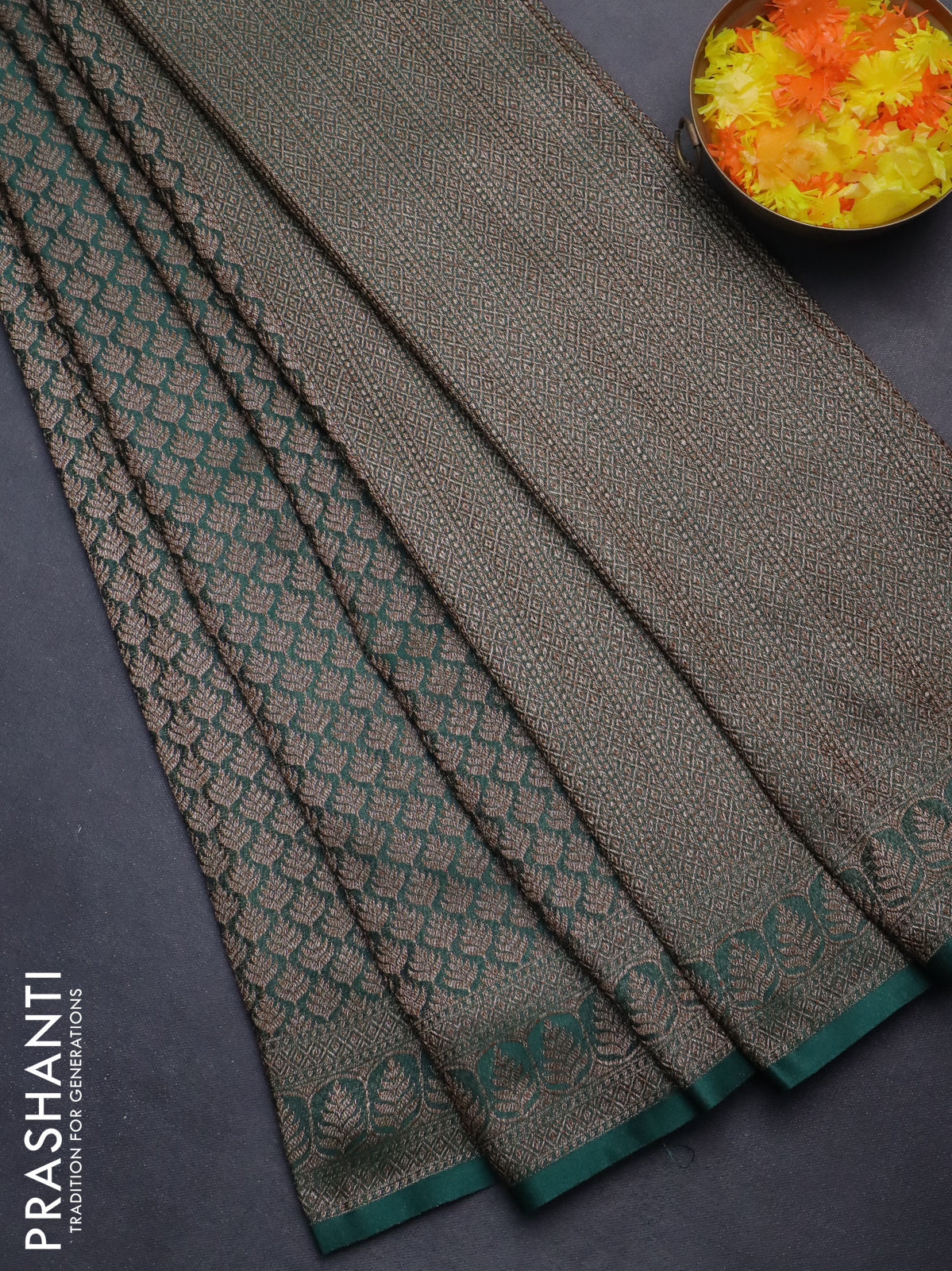 Banarasi semi crepe saree dark green with allover thread & zari woven brocade weaves and woven border