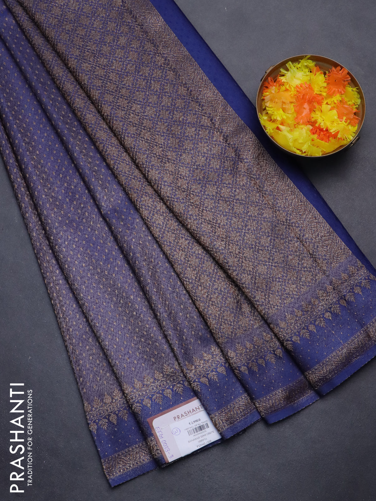 Banarasi semi crepe saree blue with allover thread & zari woven butta weaves and woven border