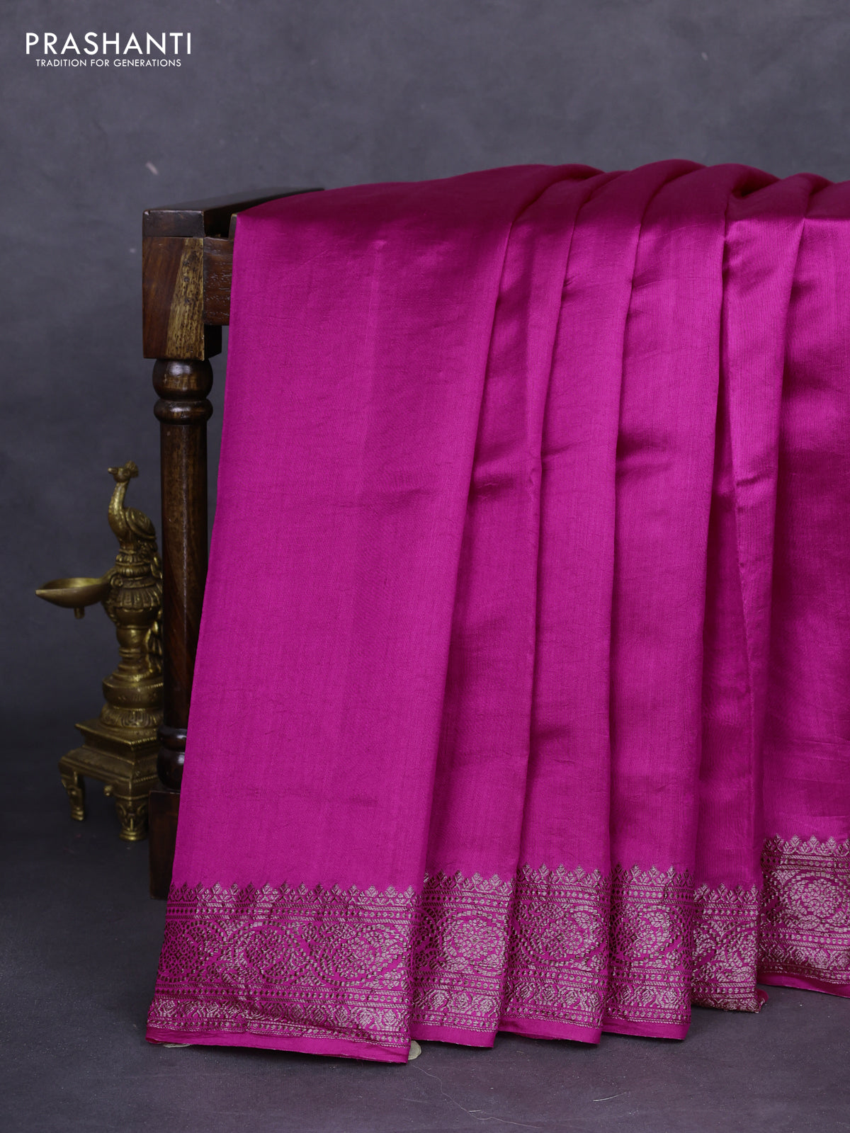 Chiniya silk saree magenta pink with plain body and woven border