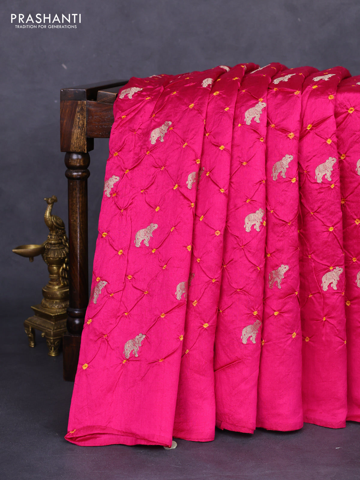 Chiniya silk saree pink and mustard yellow with allover zari buttas & bandhini prints in borderless style