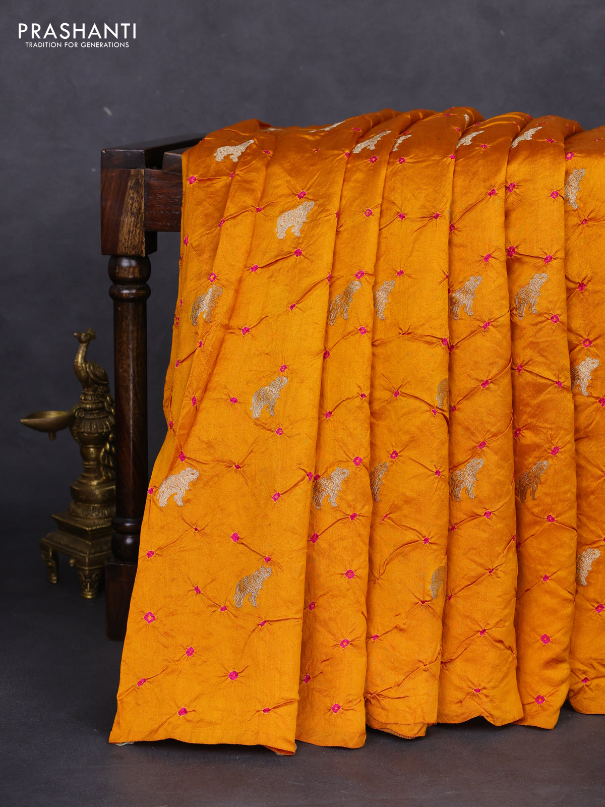 Chiniya silk saree mustard yellow and pink with allover zari buttas & bandhini prints in borderless style