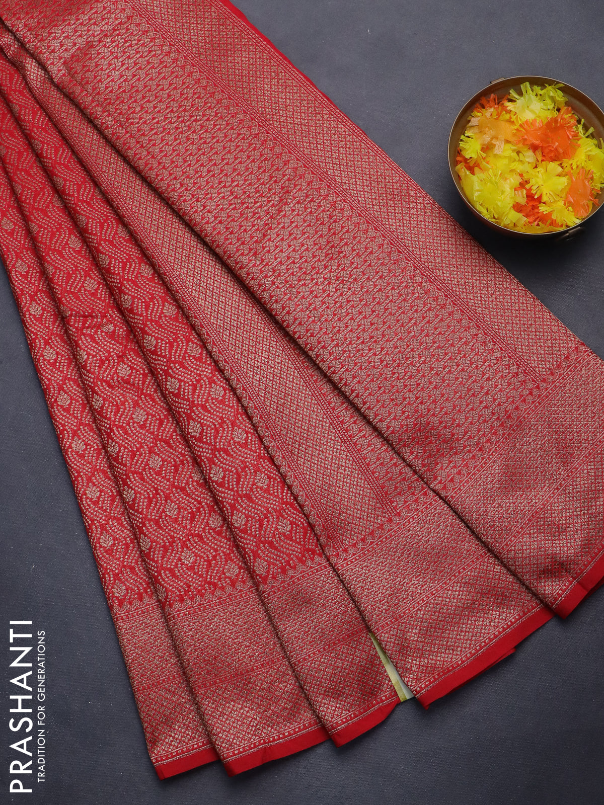 Banarasi semi silk saree red with allover thread & zari weaves and woven border