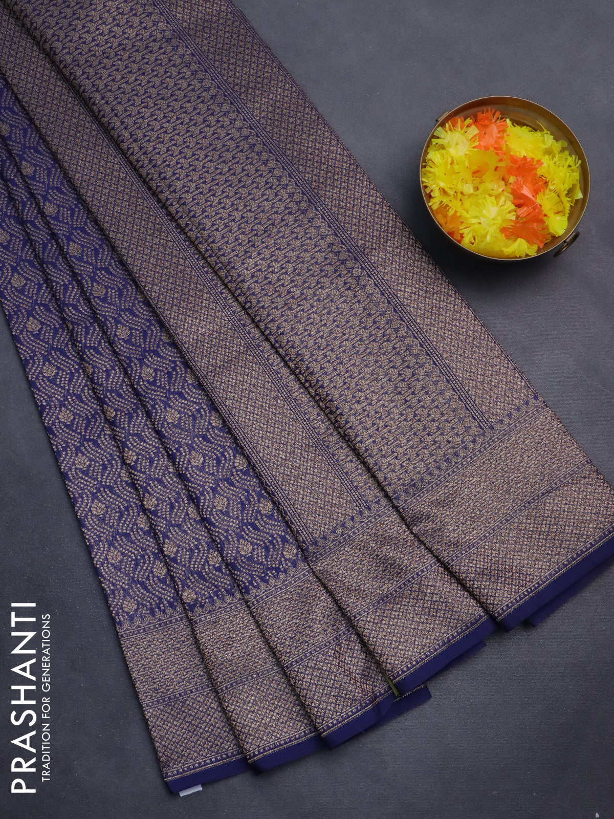 Banarasi semi silk saree navy blue with allover thread & zari weaves and woven border