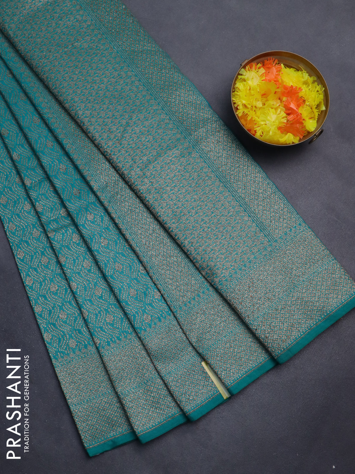 Banarasi semi silk saree teal green with allover thread & zari weaves and woven border