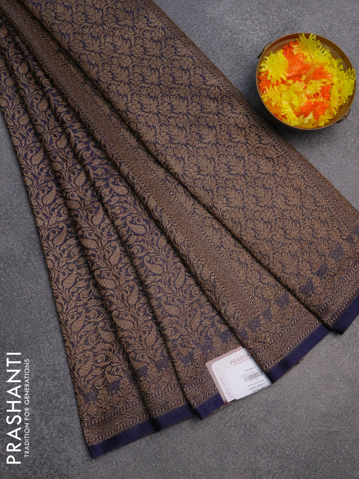 Banarasi semi silk saree dark blue with allover thread & zari weaves and woven border