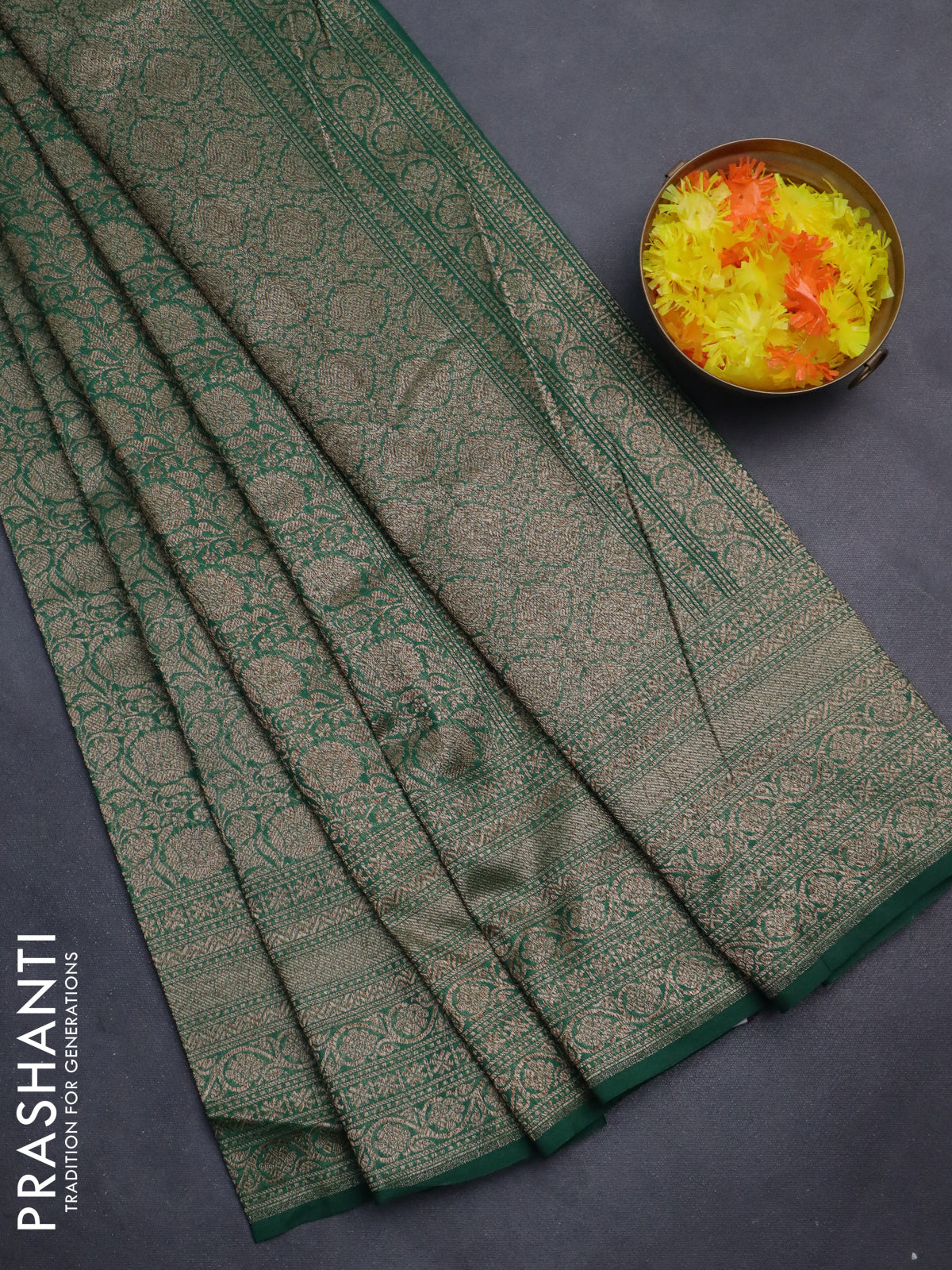 Banarasi semi silk saree green with allover thread & zari weaves and woven border