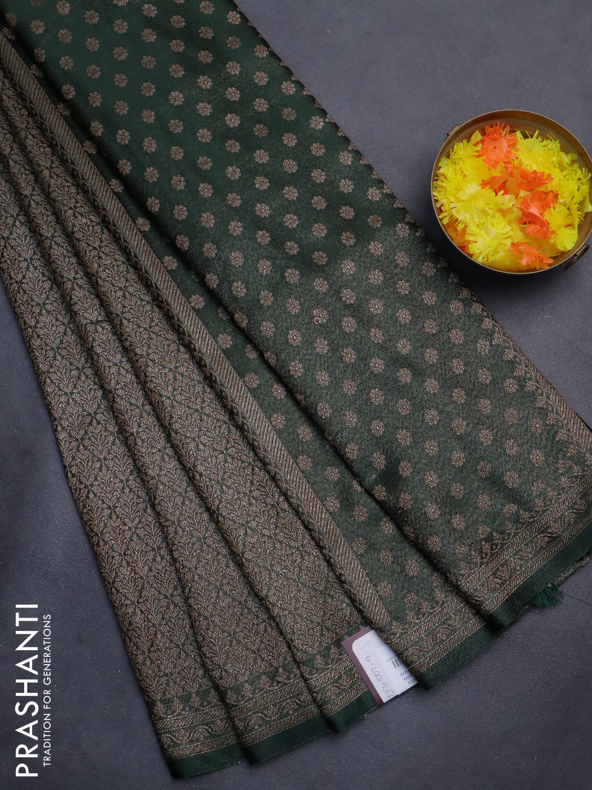 Banarasi semi silk saree bottle green with allover thread & zari weaves and woven border