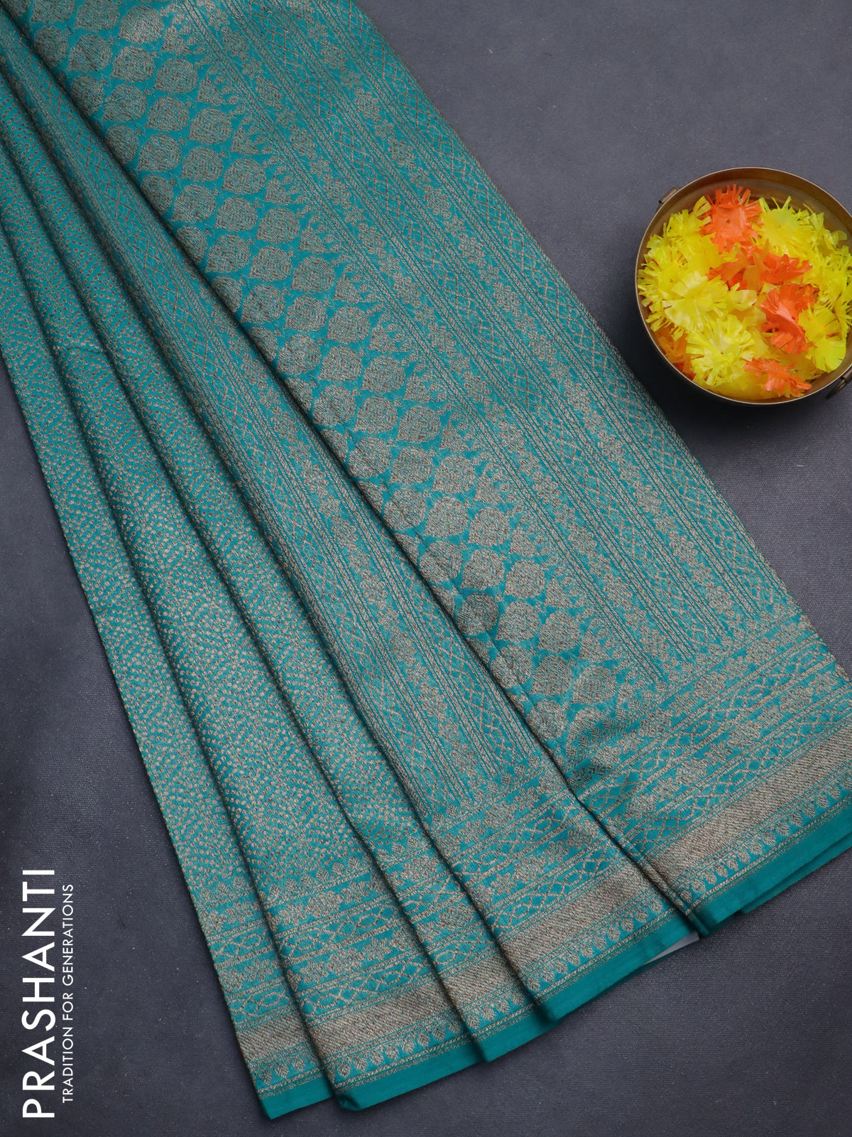 Banarasi semi silk saree teal green with allover thread & zari weaves and woven border
