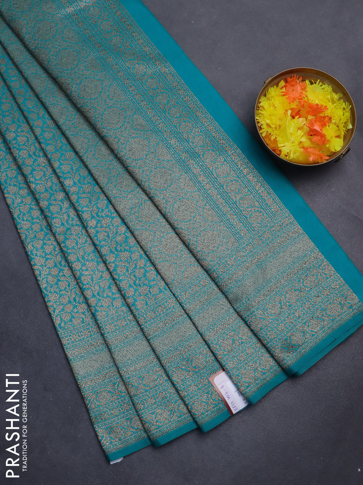 Banarasi semi silk saree teal blue with allover thread & zari weaves and woven border