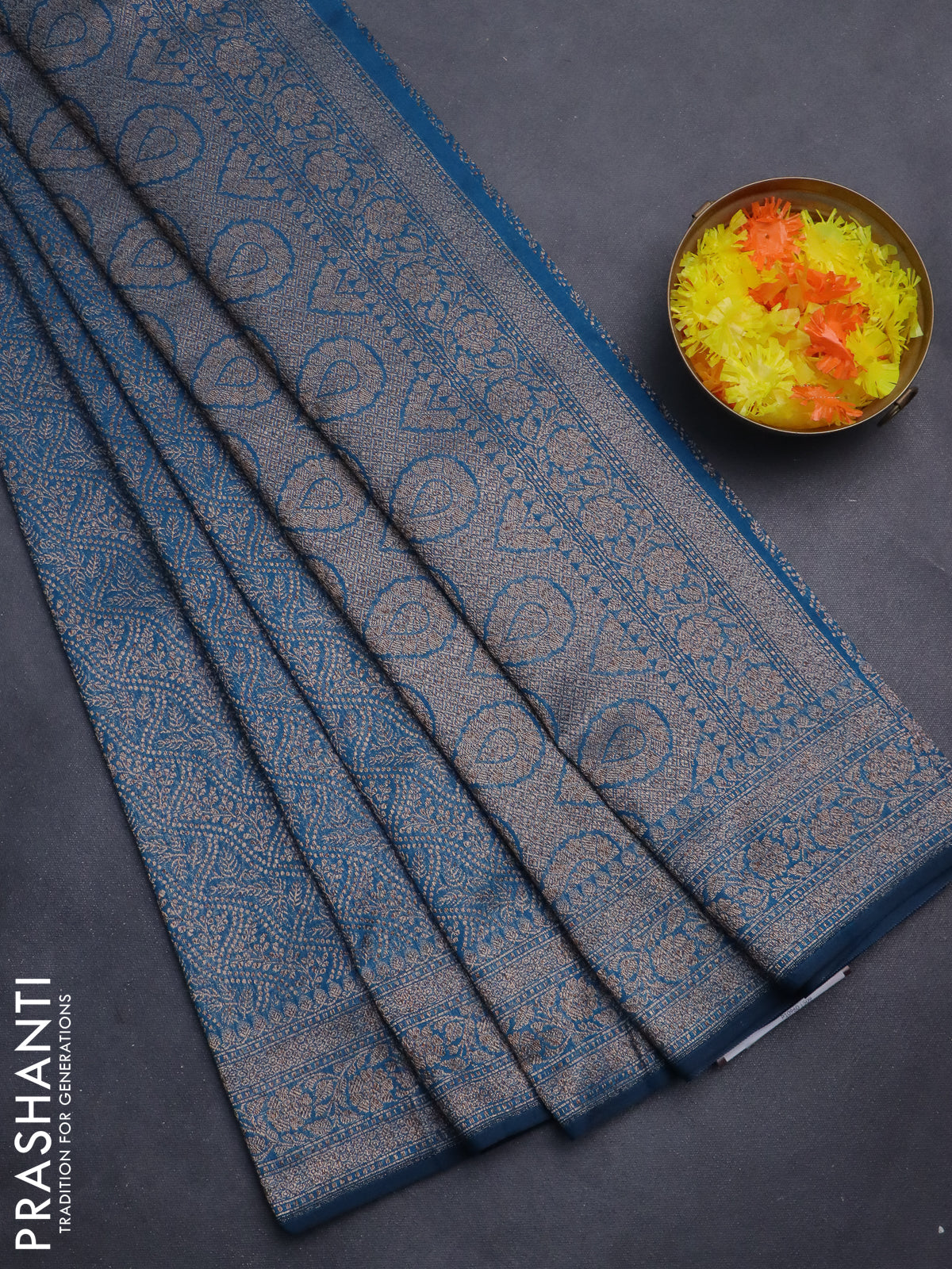 Banarasi semi silk saree cs blue with allover thread & zari weaves and woven border