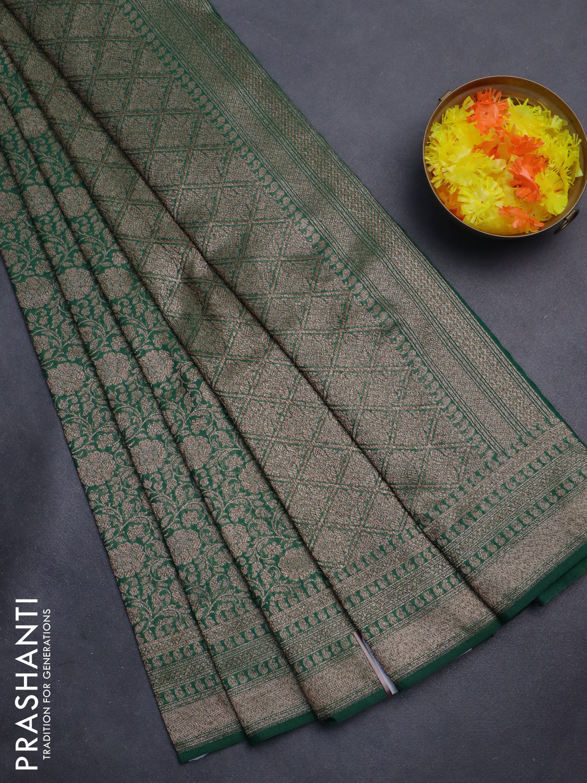 Banarasi semi silk saree green with allover thread & zari weaves and woven border
