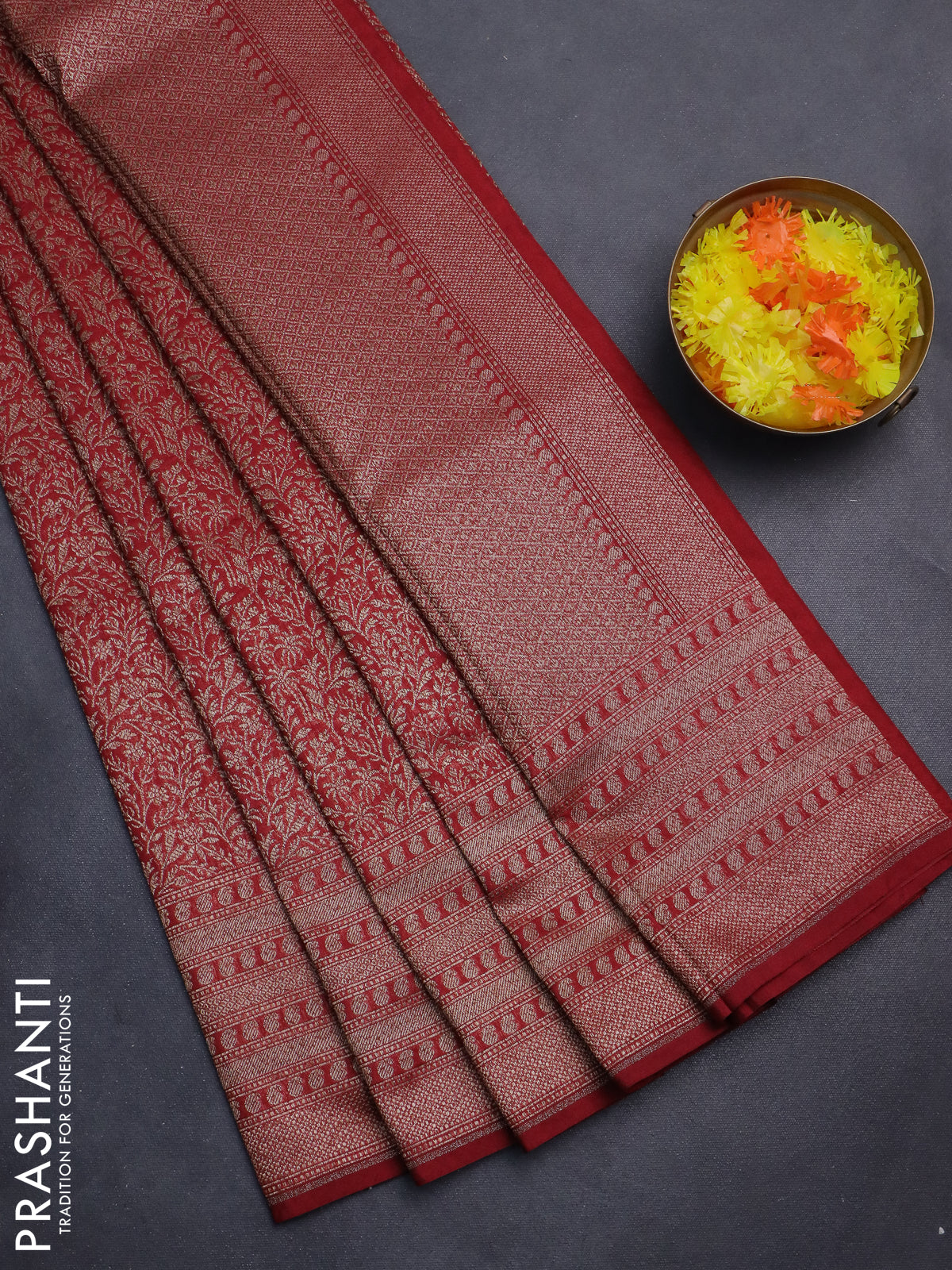Banarasi semi silk saree maroon with allover thread & zari weaves and woven border