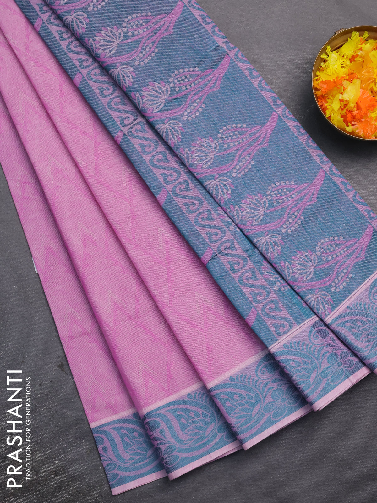 Coimbatore cotton saree lotus pink and teal green with allover self emboss and thread woven border