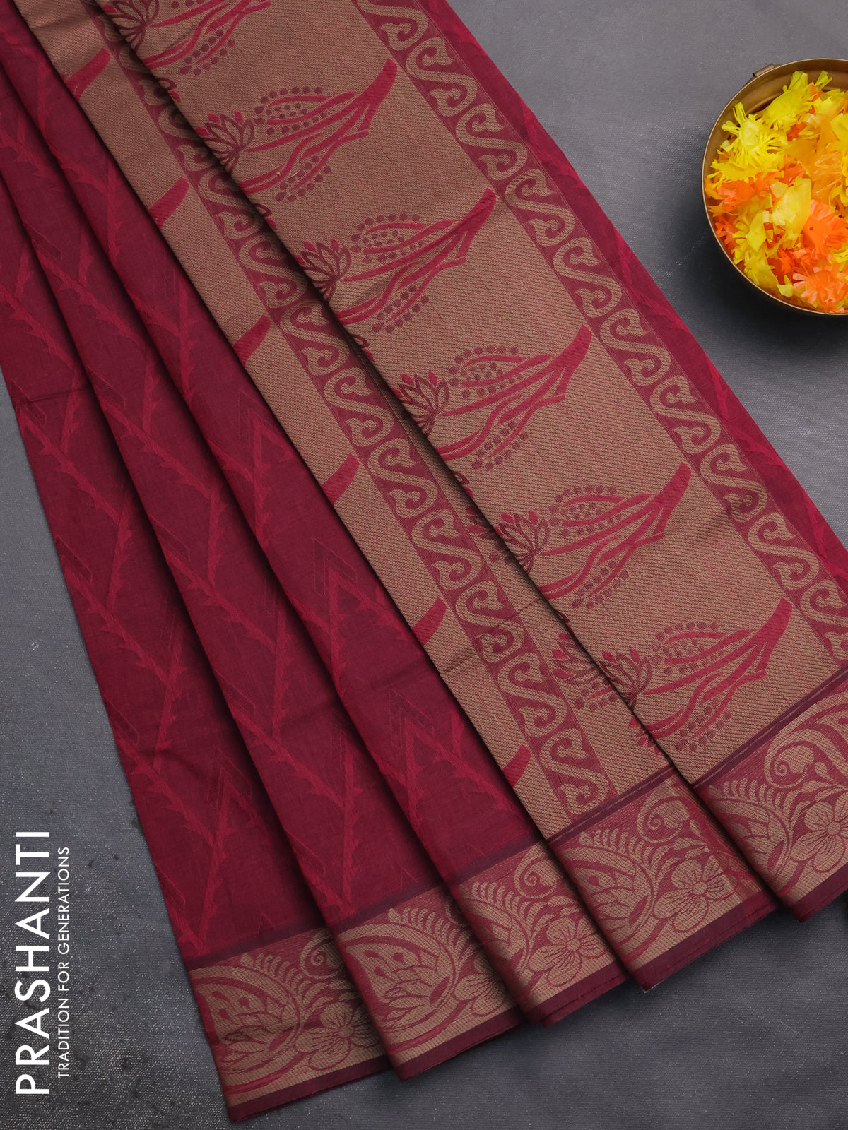 Coimbatore cotton saree dark magenta pink with allover self emboss and thread woven border