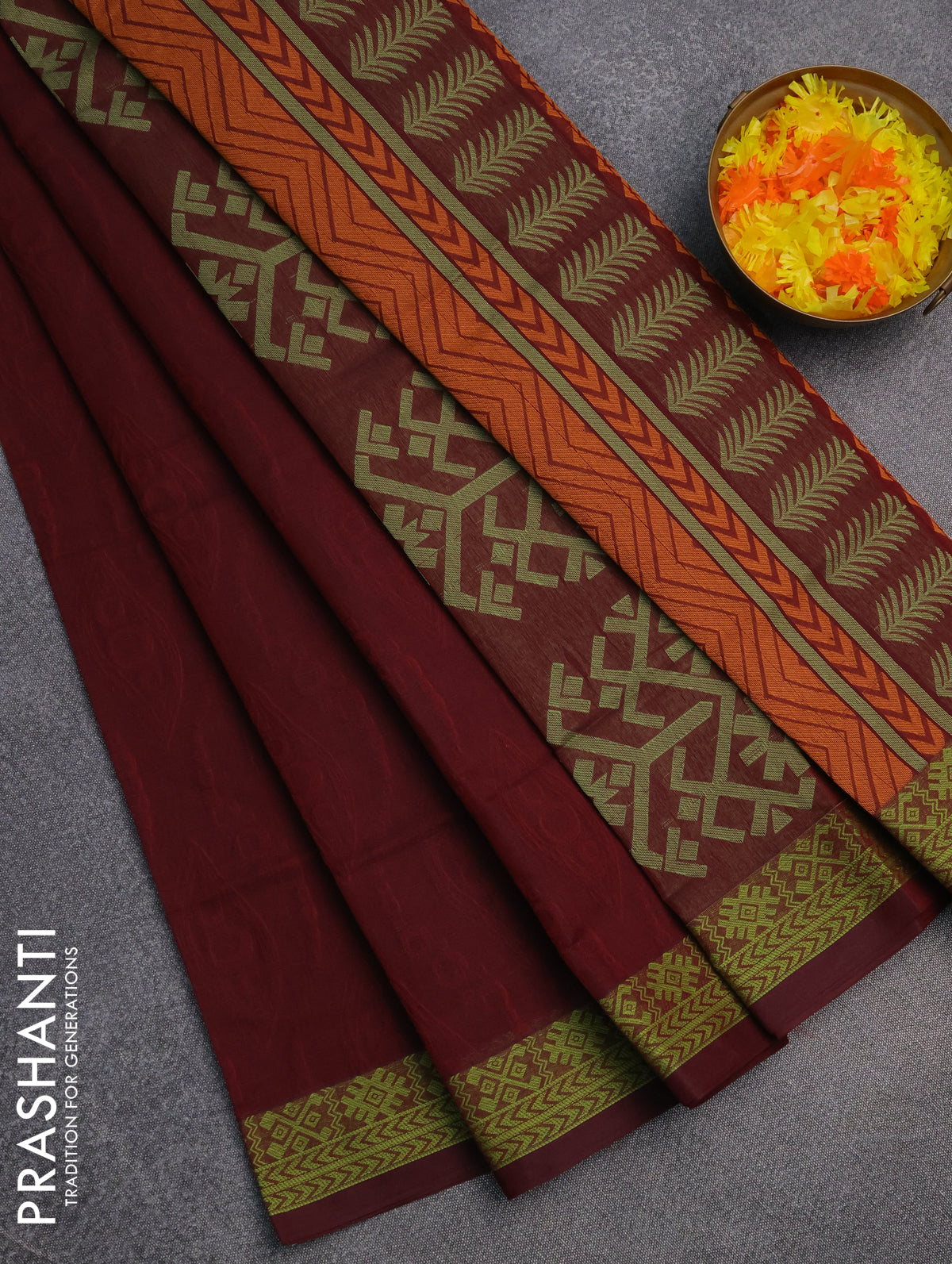 Coimbatore cotton saree maroon and light green with allover self emboss and thread woven border