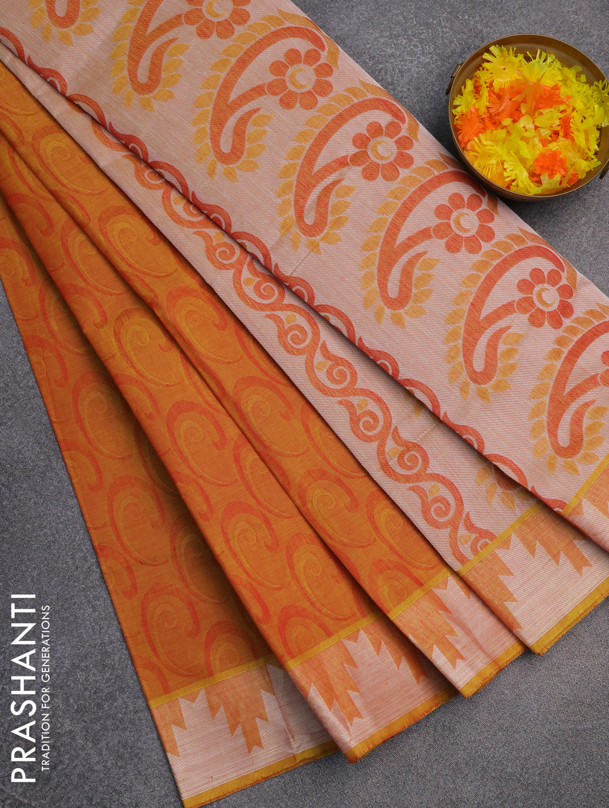 Coimbatore cotton saree dual shade of pinkish yellow with allover self emboss and thread woven border