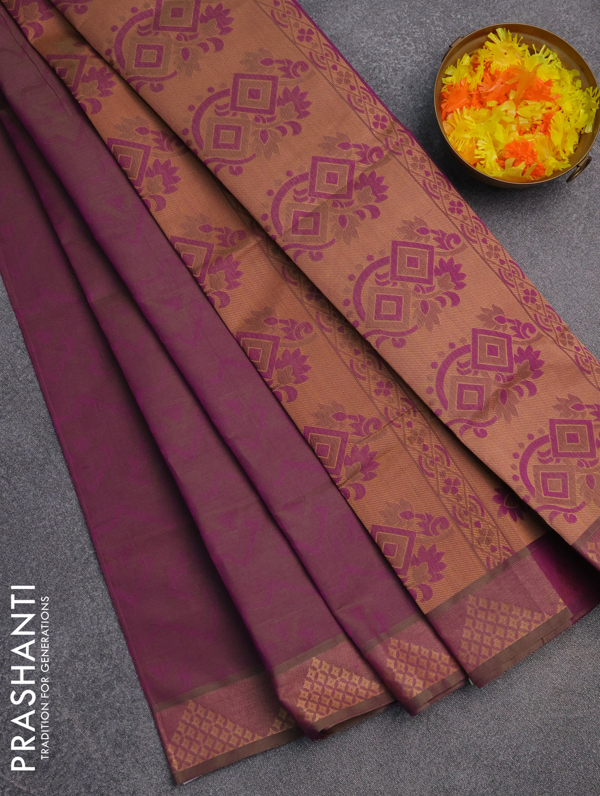 Coimbatore cotton saree dual shade of greenish violet with allover self emboss and thread woven border