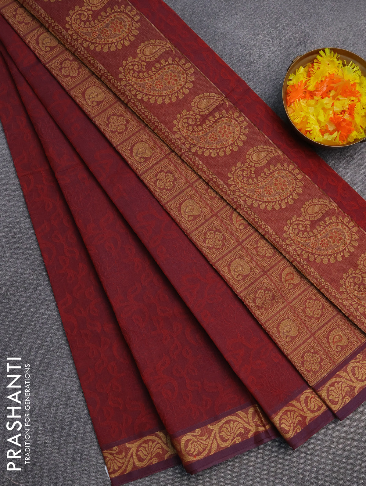 Coimbatore cotton saree dual shade of maroon and sandal with allover self emboss and thread woven border