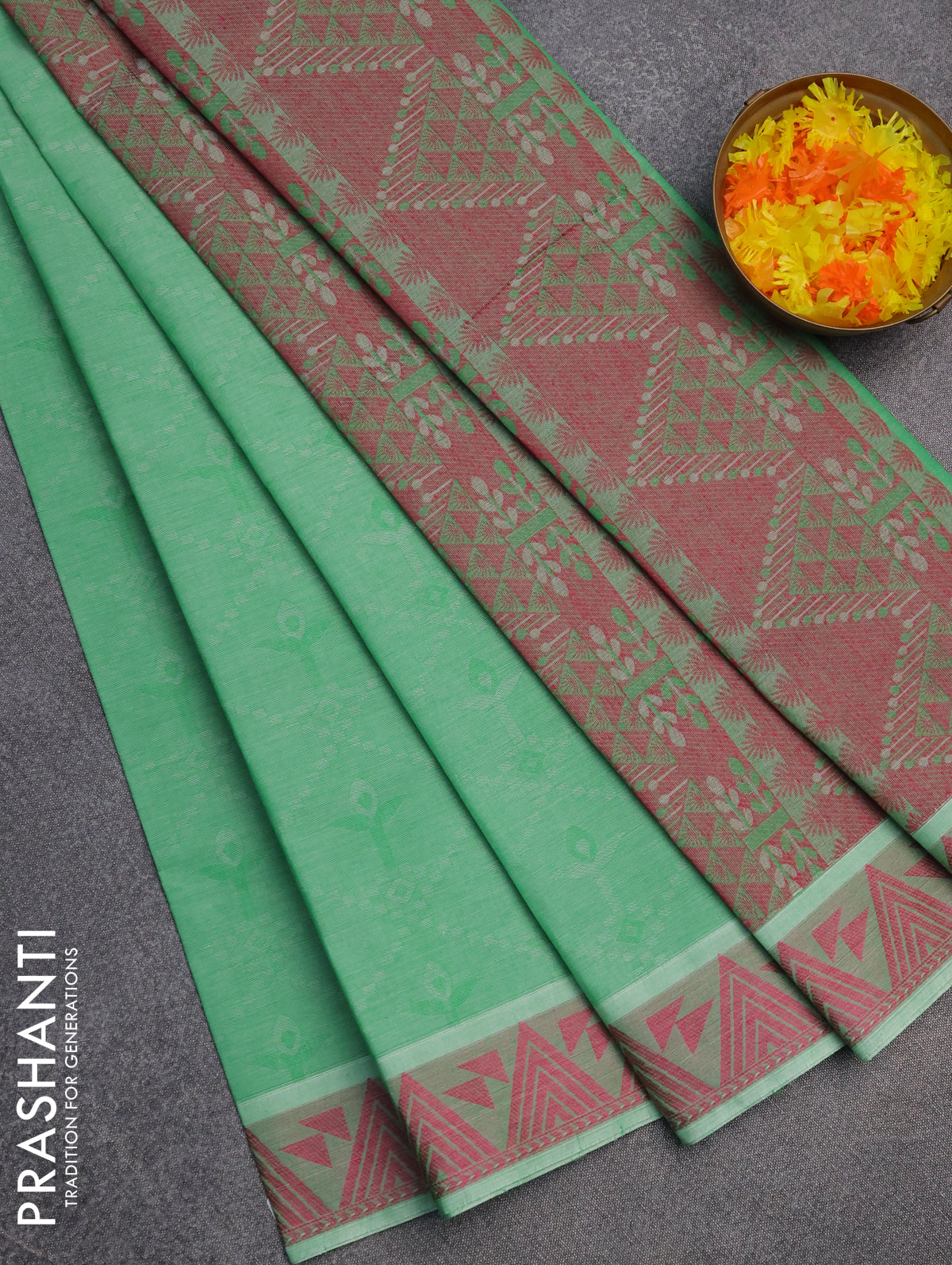 Coimbatore cotton saree green and pink with allover self emboss and thread woven border