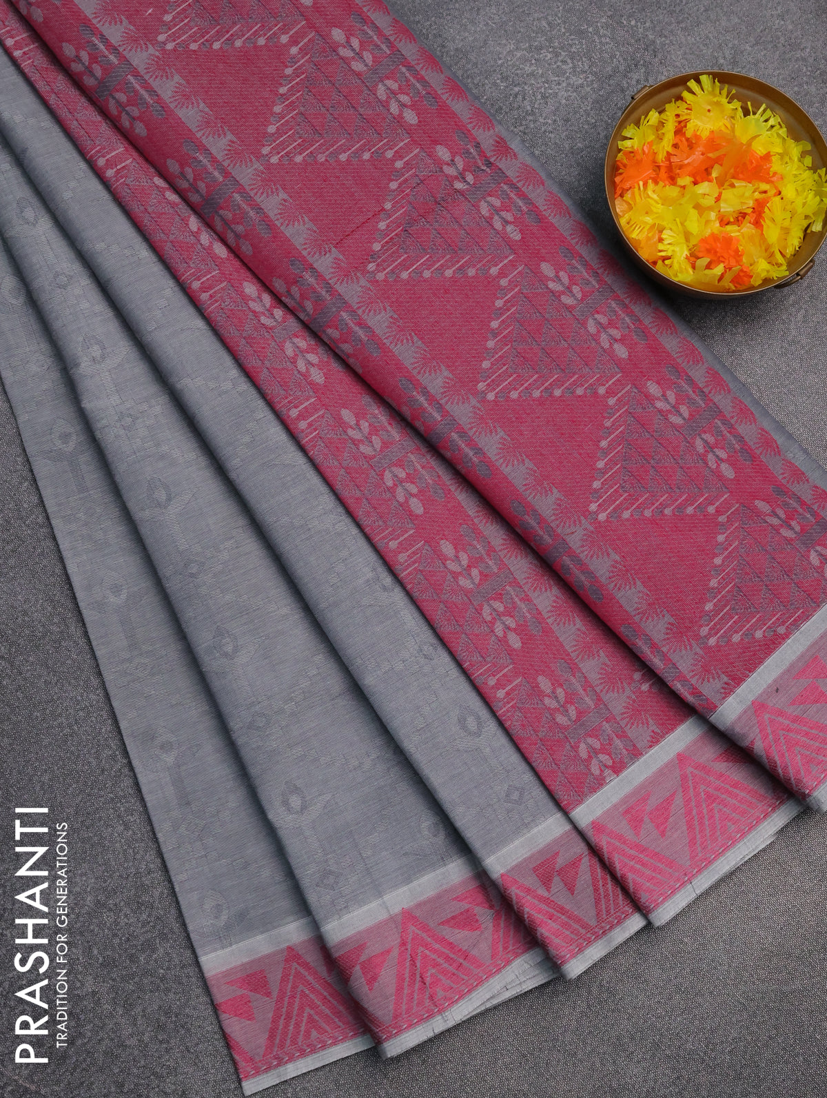 Coimbatore cotton saree grey and pink with allover self emboss and thread woven border