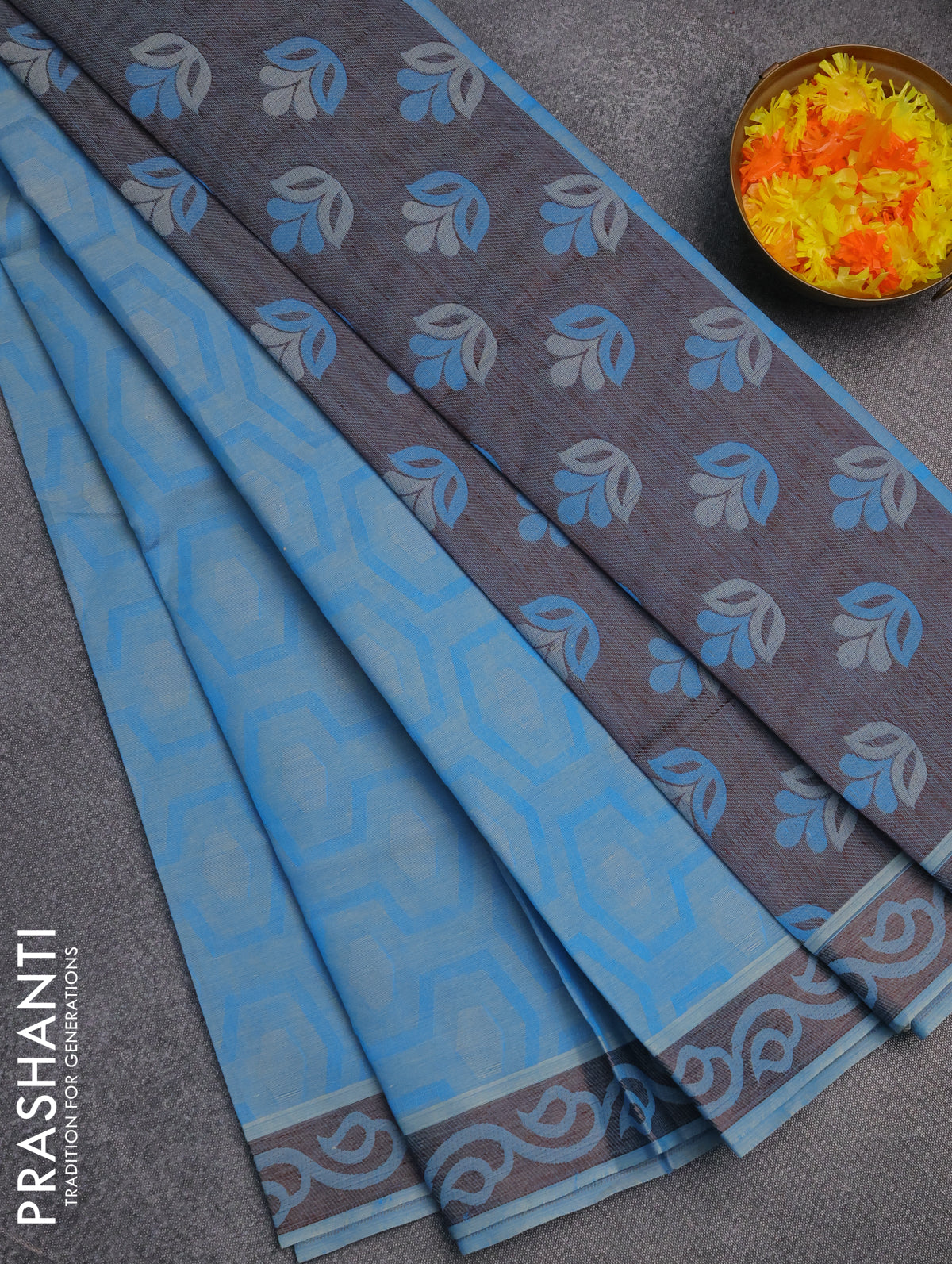 Coimbatore cotton saree cs blue and brown with allover self emboss and thread woven border