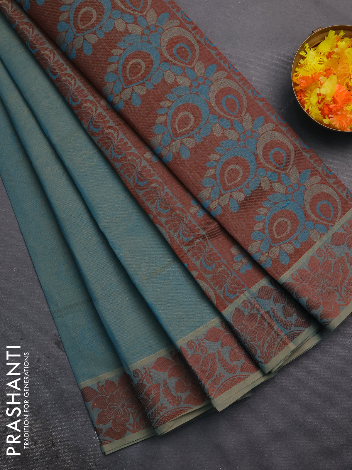 Coimbatore cotton saree dual shade of blue and brown with allover self emboss and thread woven border
