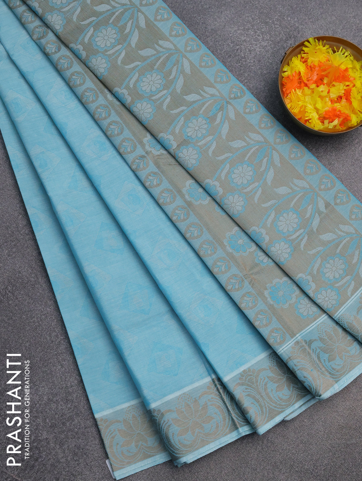 Coimbatore cotton saree light blue and beige with allover self emboss and thread woven border