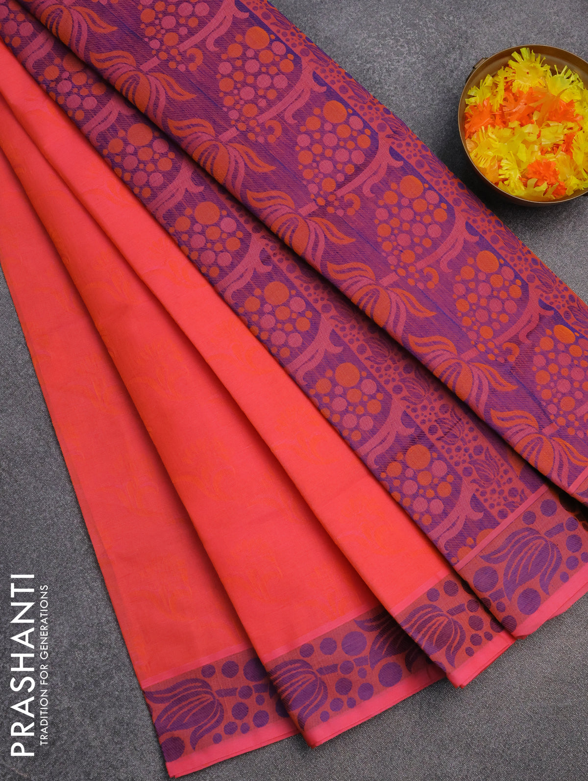 Coimbatore cotton saree dual shade of orange and blue with allover self emboss and thread woven border
