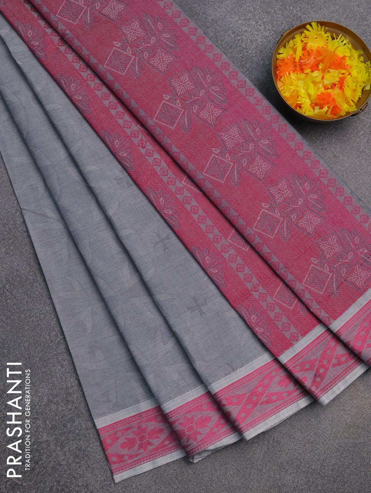 Coimbatore cotton saree grey and pink with allover self emboss and thread woven border