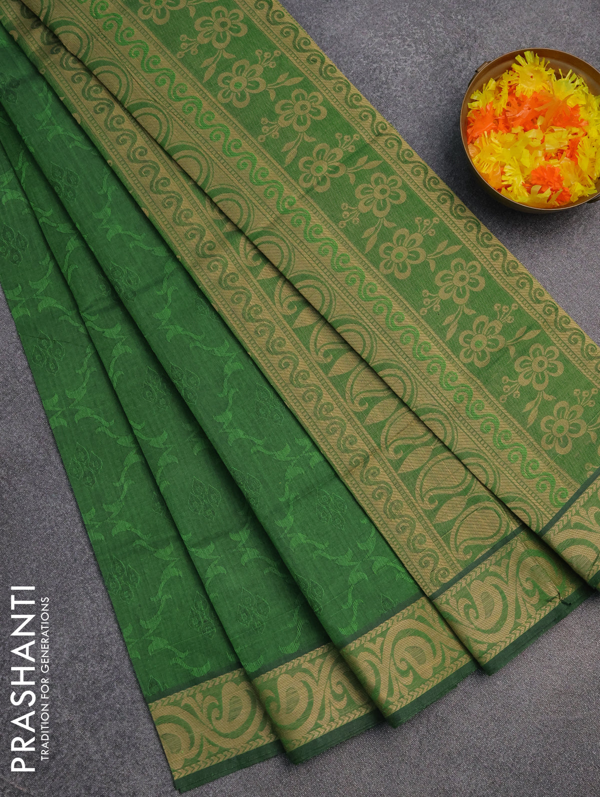 Coimbatore cotton saree green and sandal with allover self emboss and thread woven border