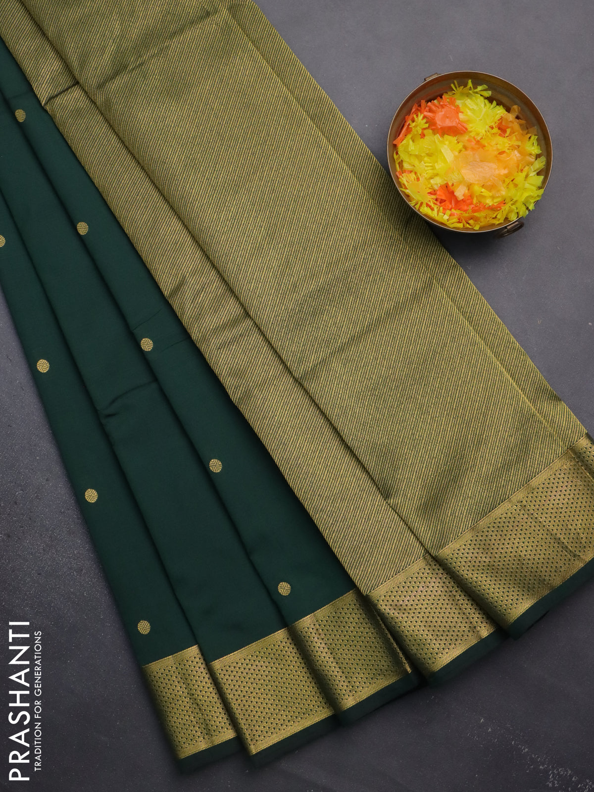 Arani semi silk saree bottle green with zari woven buttas and zari woven border