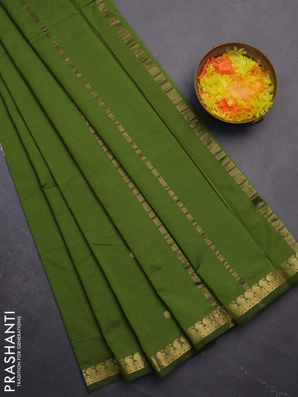 Arani semi silk saree sap green with rudhraksha & paisley zari woven buttas and zari woven border