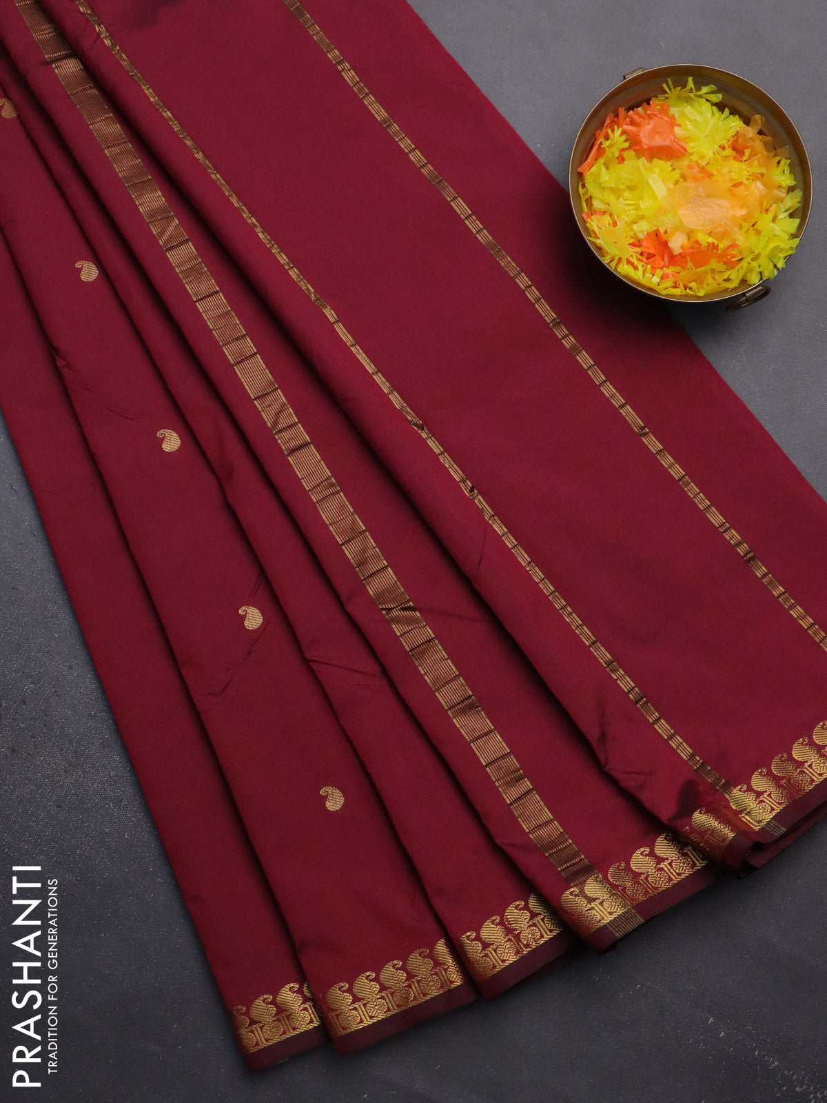 Arani semi silk saree maroon shade with rudhraksha & paisley zari woven buttas and zari woven border