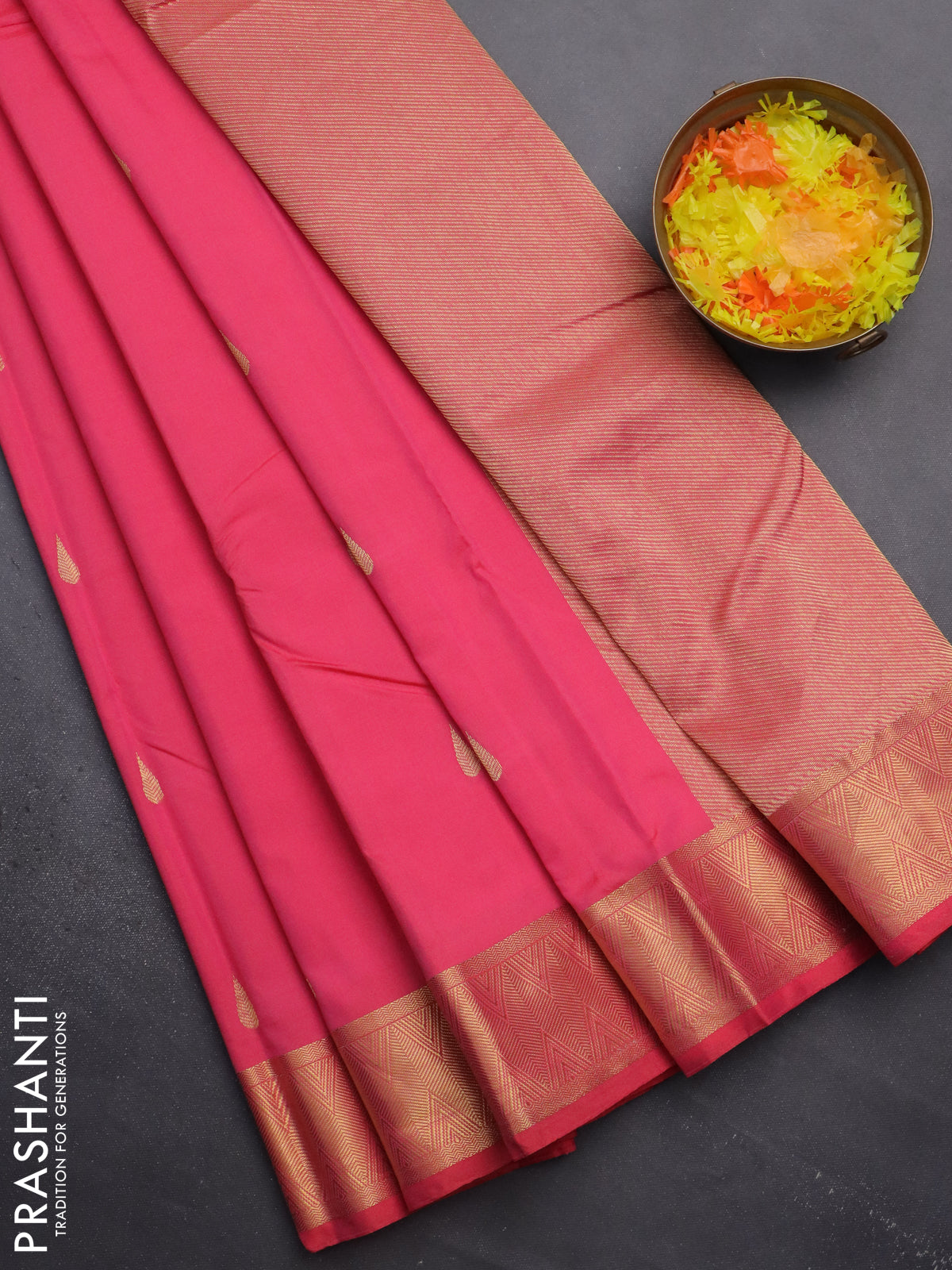 Arani semi silk saree peach pink with zari woven thilak buttas and zari woven border