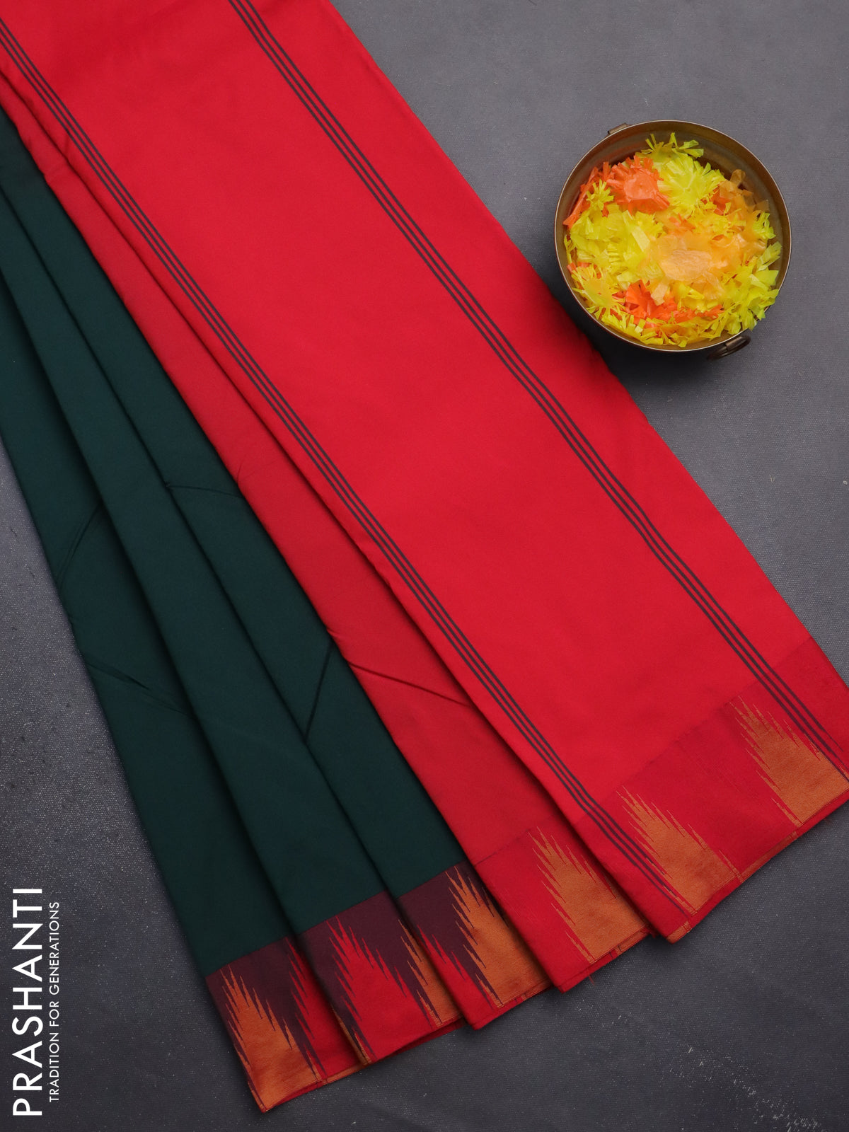 Arani semi silk saree bottle green and pink with plain body and temple design border