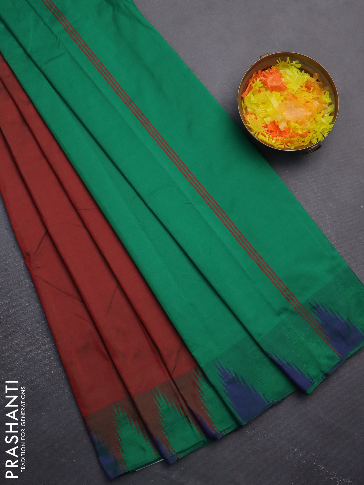 Arani semi silk saree maroon shade and dual shade of green with plain body and temple design border