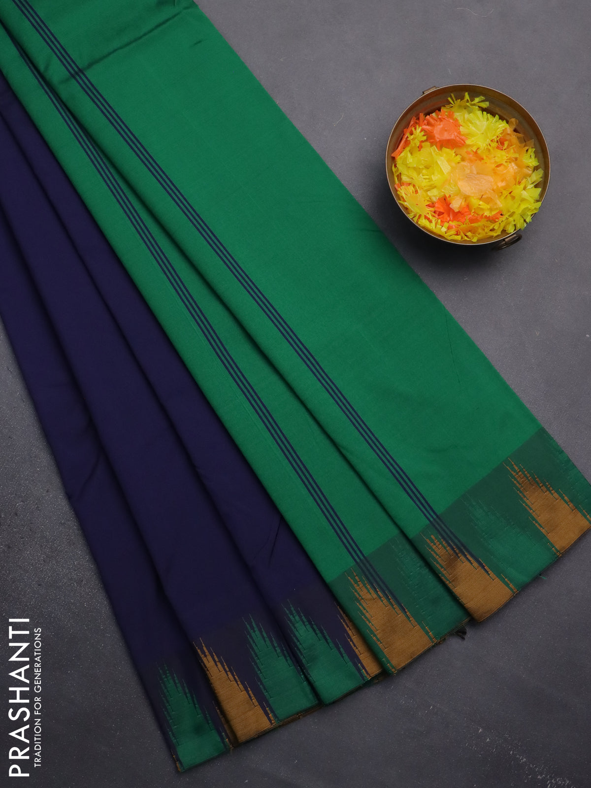 Arani semi silk saree navy blue and green mustard yellow with plain body and temple design border