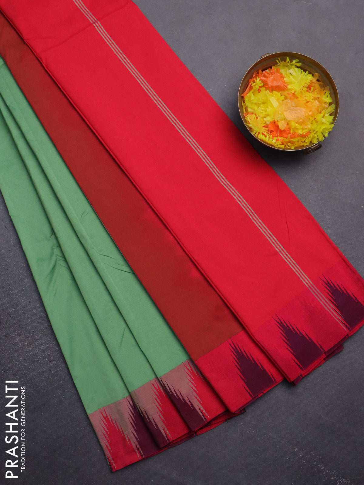 Arani semi silk saree green shade and dual shade of pink with plain body and temple design border