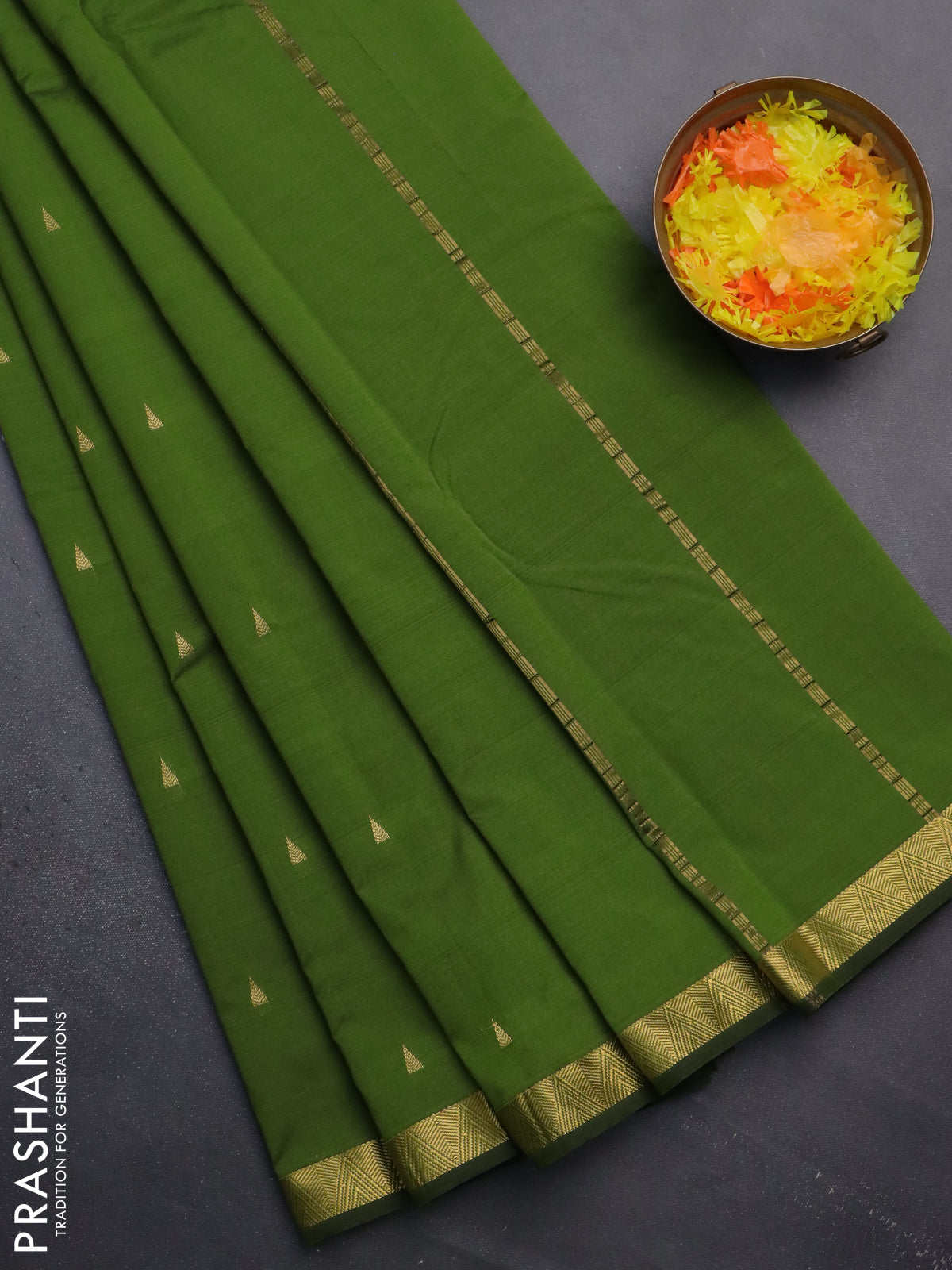 Arani semi silk saree sap green with zari woven temple buttas and zari woven border
