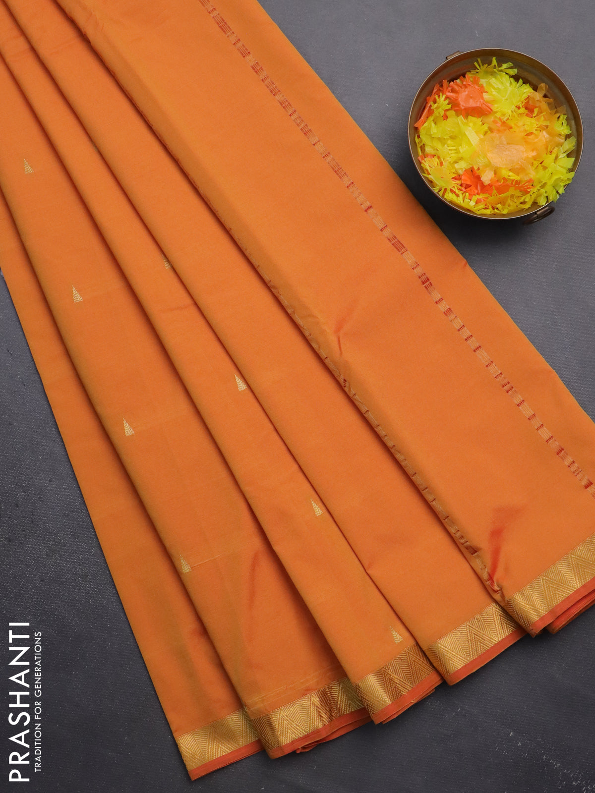 Arani semi silk saree dual shade of mango yellow with zari woven temple buttas and zari woven border