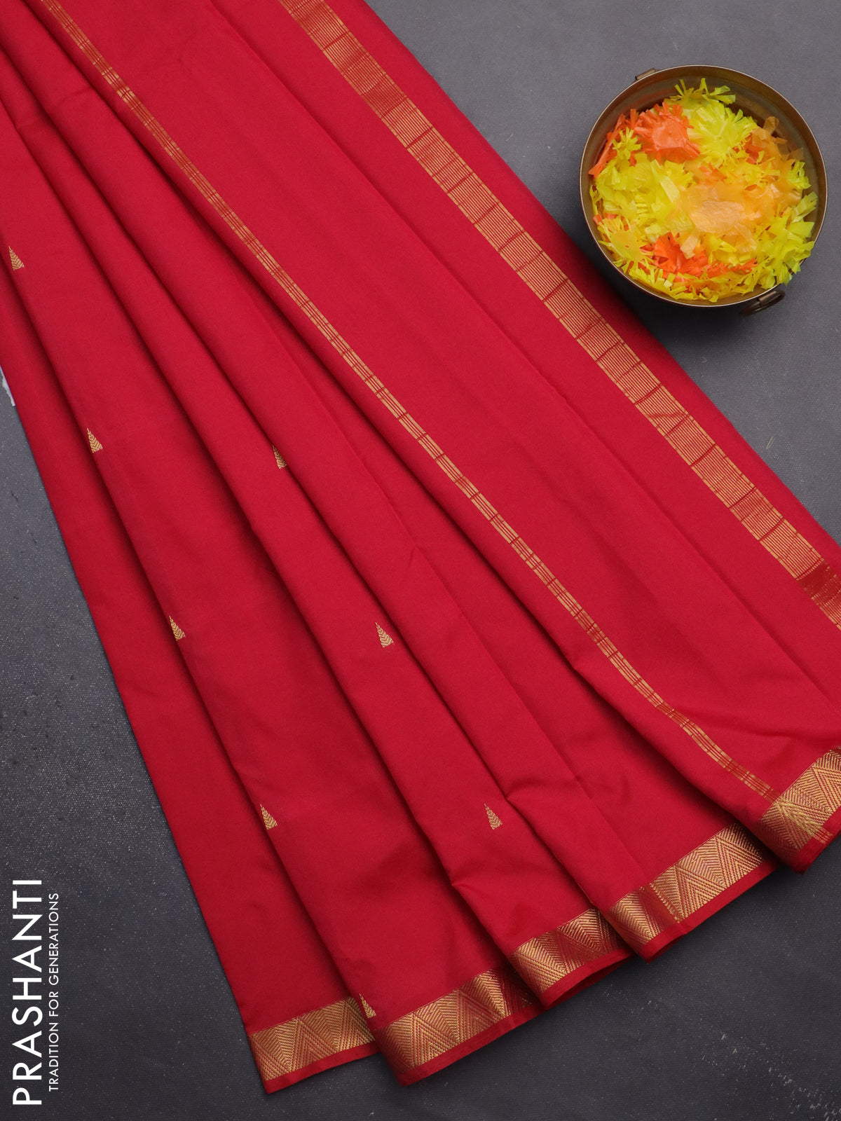 Arani semi silk saree tomato pink with zari woven temple buttas and zari woven border