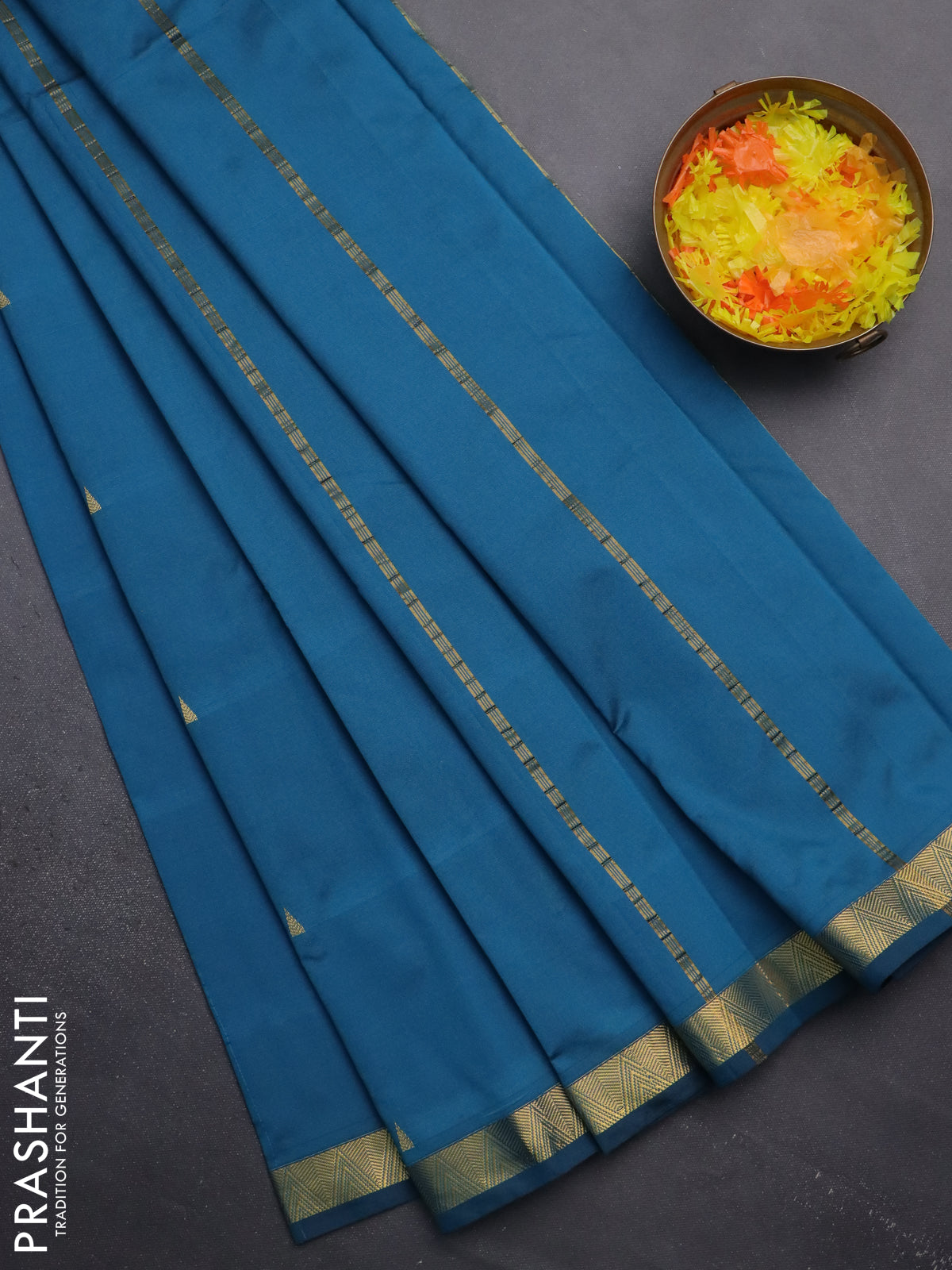 Arani semi silk saree peacock blue with zari woven temple buttas and zari woven border