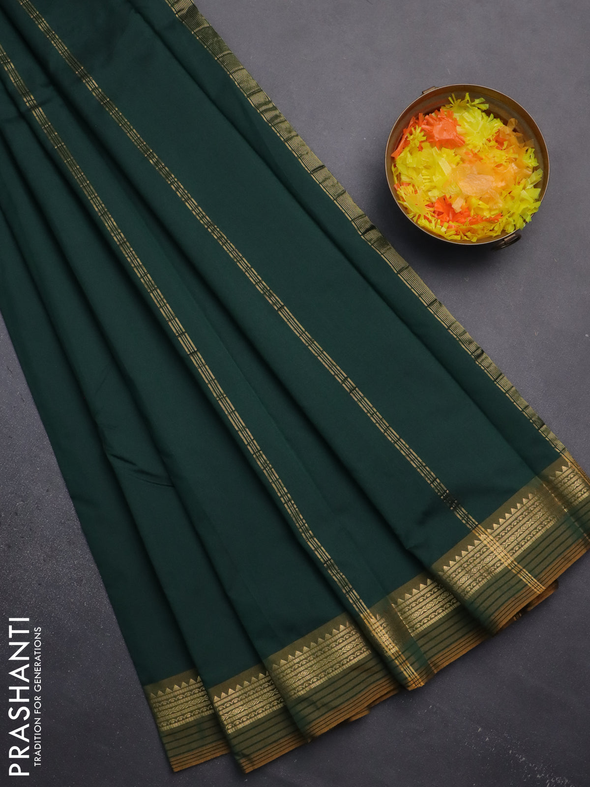 Arani semi silk saree bottle green and dark mustard with plain body and zari woven simple border