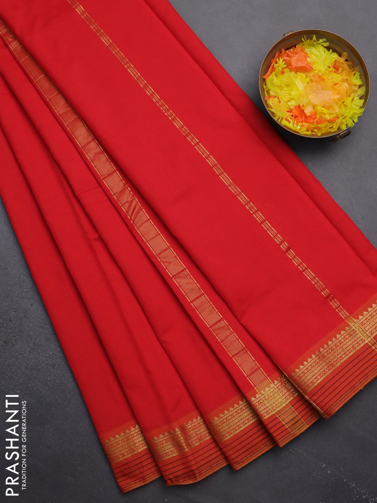 Arani semi silk saree red and dual shade of yellow with plain body and zari woven simple border
