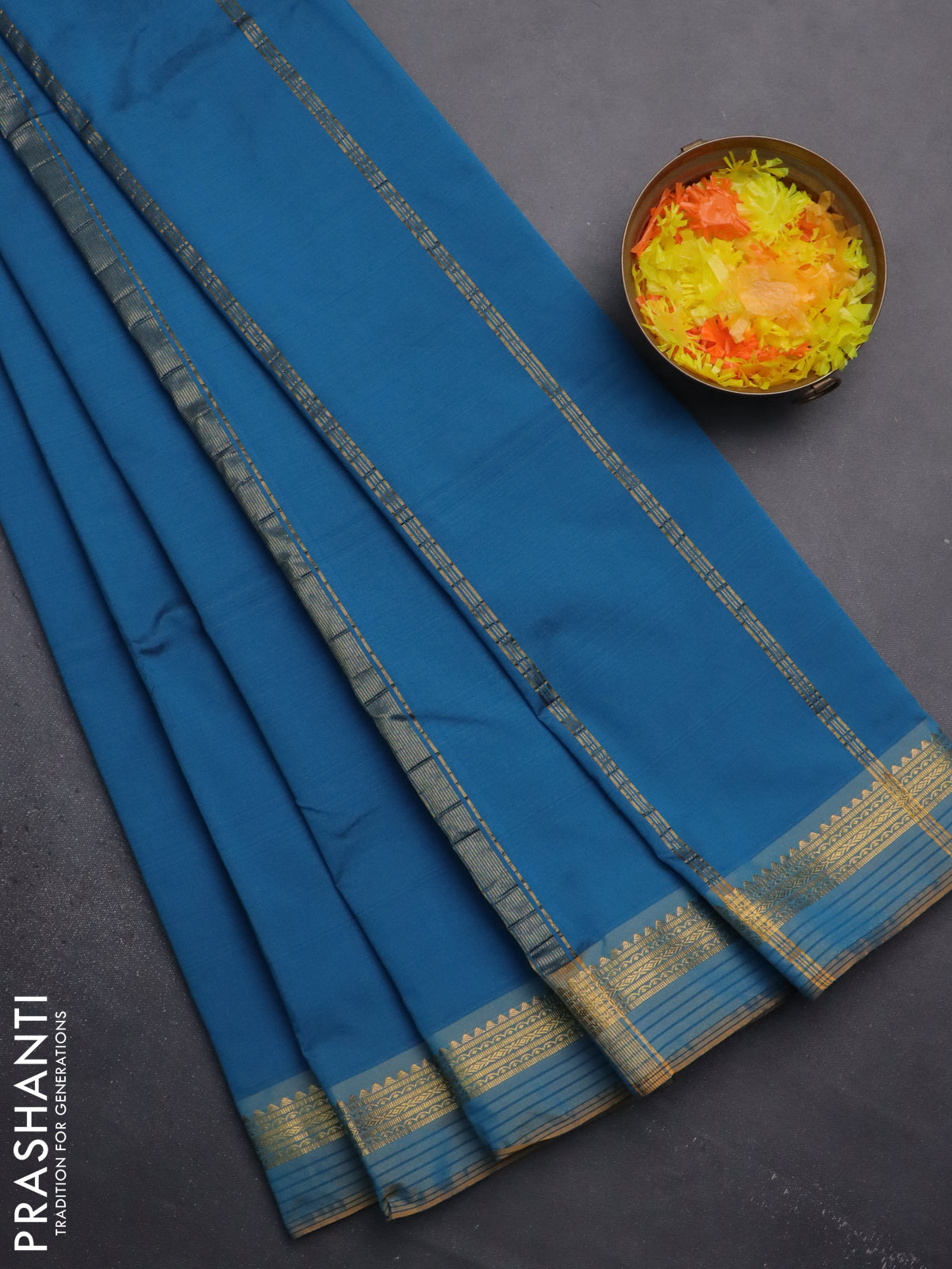 Arani semi silk saree peacock blue and dark mustard with plain body and zari woven simple border